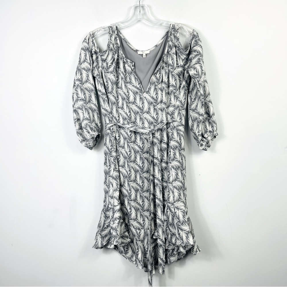 Joie Isaline Feather Cold Shoulder Mini Dress Gray White Print Silk Tie Belt XXS - Picture 6 of 16